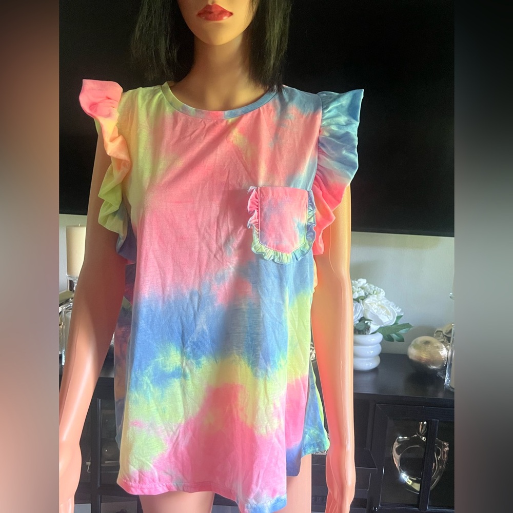 JODIFL Pastel Tie-Dye Ruffle Sleeve Top